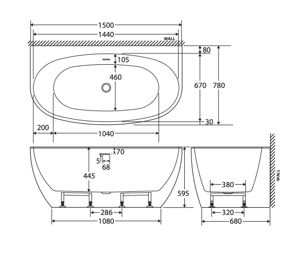 Ovia 1500mm Back to Wall Bath Vienna Tub Gloss White