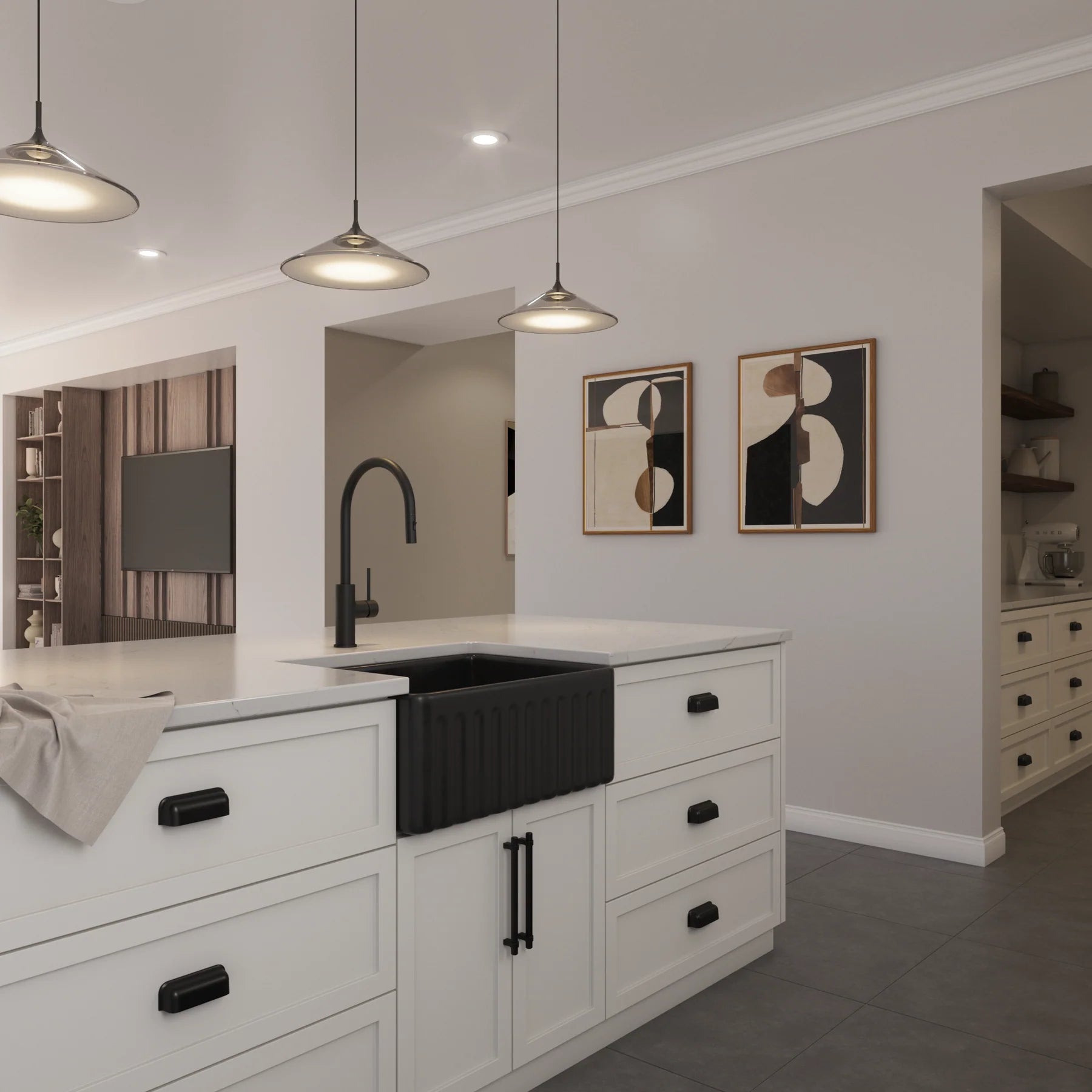 Ovia 835x459x254mm Fine Fireclay Butler Sink Double Bowl Farmhouse Kitchen Sink Matte Black