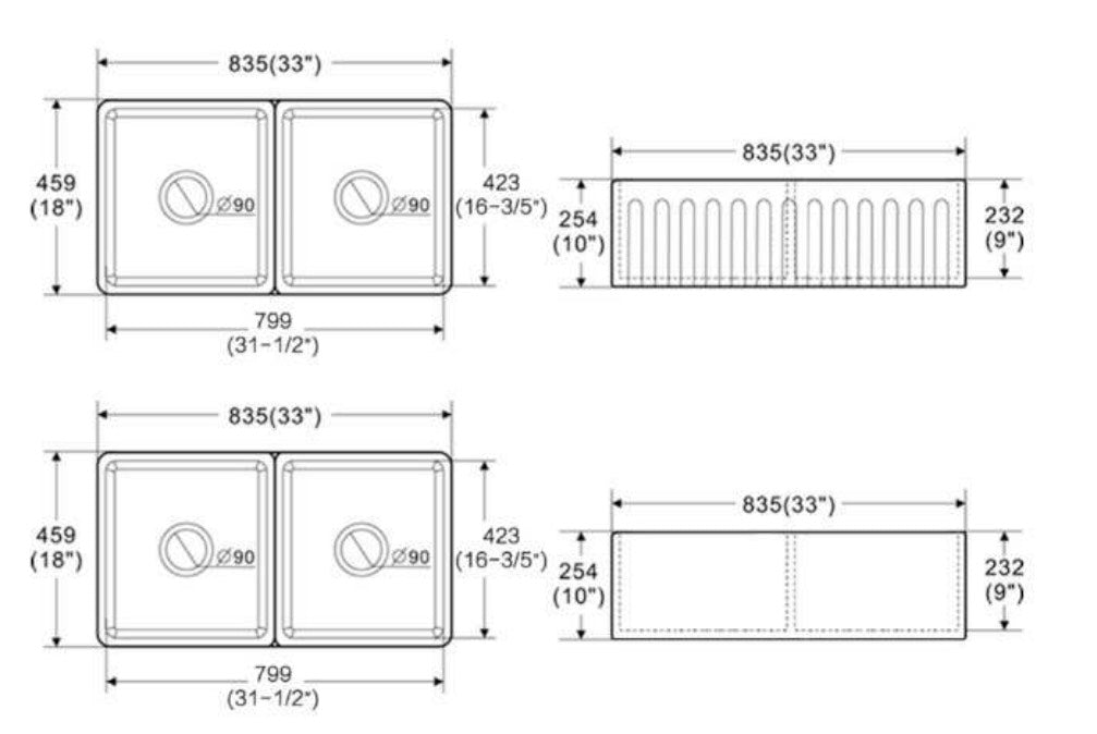 Ovia 835x459x254mm Fine Fireclay Butler Sink Double Bowl Farmhouse Kitchen Sink