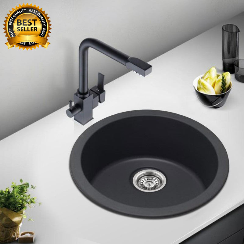 460mm Black Granite Round Kitchen Sink Single Bowl