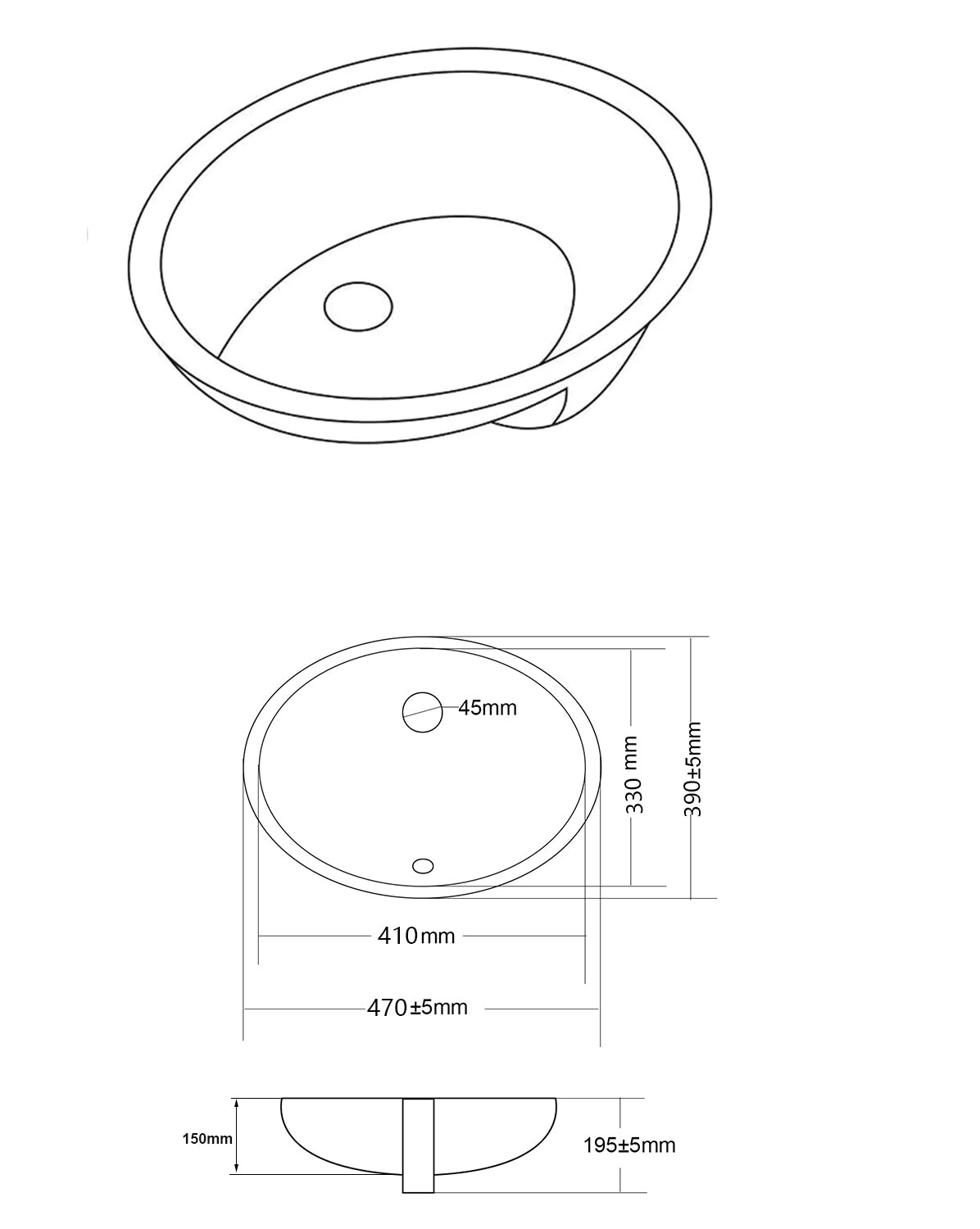 Lukka Elipps 470mm Undermount Basin - Gloss White - line drawing