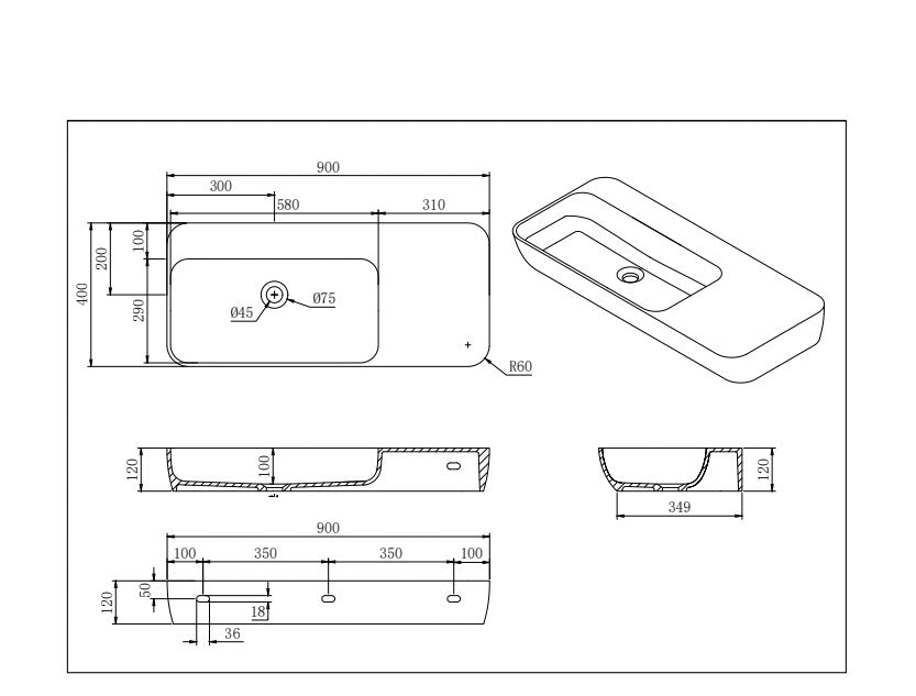 Lukka Roccia 900mm Wall Hung Basin - Matte White - line drawing