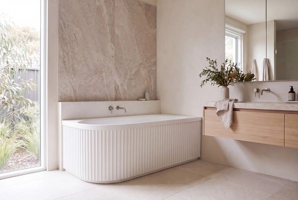 Ovia Kiama V Groove Fluted Right Hand Corner Bath 1500mm Matte White