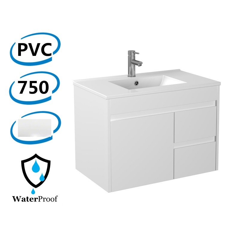 750x460x550mm Bathroom Vanity Wall Hung Cabinet Thin Ceramic Top/Poly Top with Right Side Drawers PVC White
