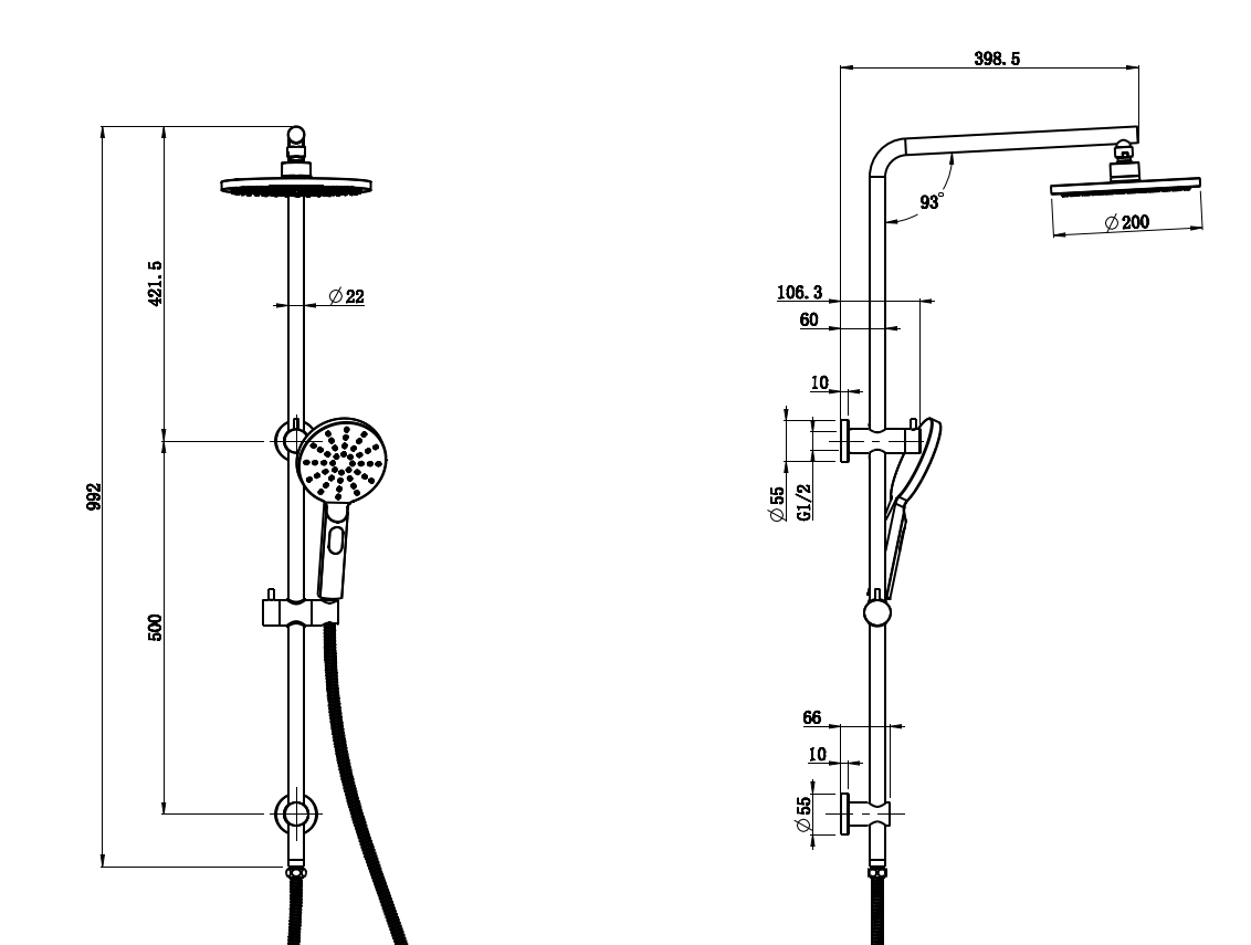 Cora 2 in 1 Multi Function Shower Matte Black Top Inlet Single Hose
