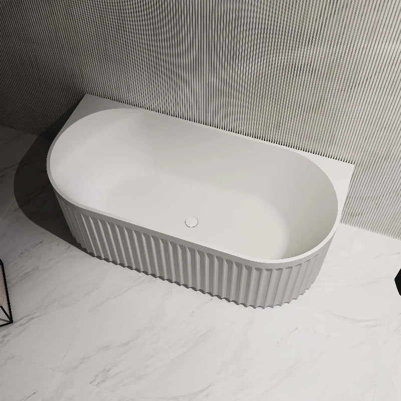 Ovia Artemis Fluted 1700mm Matte White Back to Wall Designer Round Freestanding Bath