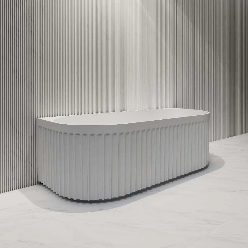 Ovia Artemis Fluted 1700mm Matte White Back to Wall Designer Round Freestanding Bath