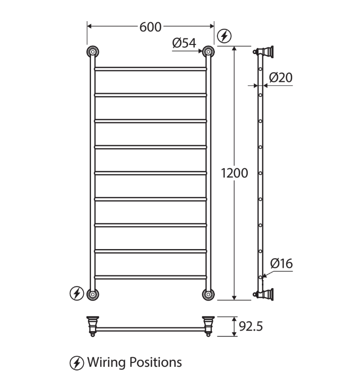 Lillian Heated Towel Rail, 600 x 1208mm, Brushed Nickel