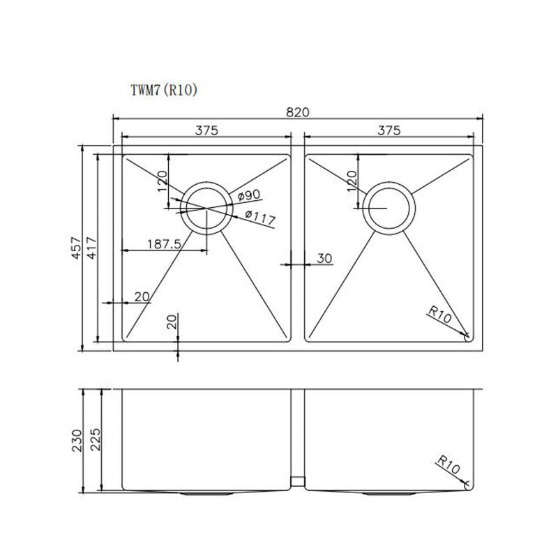 820x457x230mm 1.2mm Handmade Top/Undermount Double Bowls Kitchen Sink Stainless Steel 304