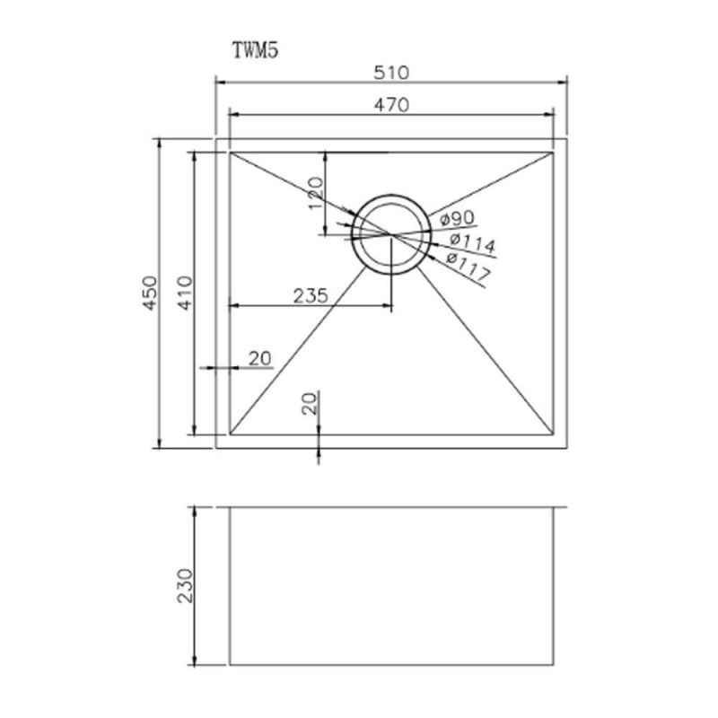 510x450x230mm 1.2mm Handmade Top/Undermount Single Bowl Kitchen/Laundry Sink