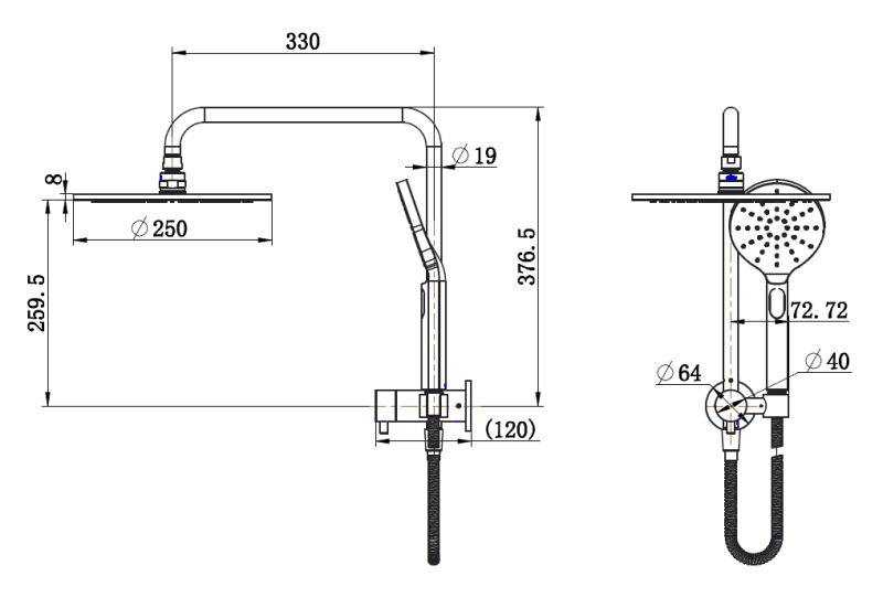 Star Mini 2 in 1 Half Rail Twin Combination Shower Antique Brass