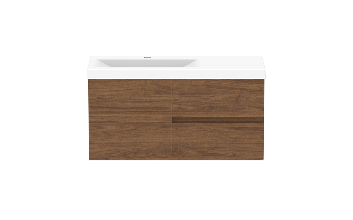 Drift Ensuite Vanity — 900mm · Left Bowl · Florentine Walnut