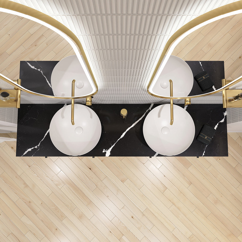 Nero Vena bathroom setting with twin basins and illuminated mirrors