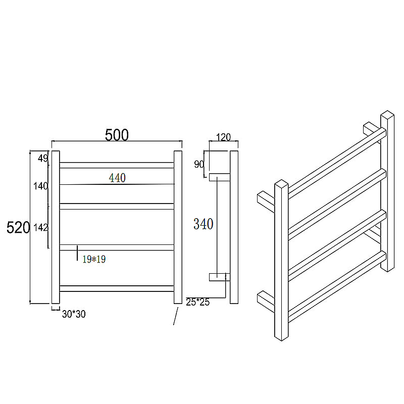 520x500x120mm Square Matt Black Electric Heated Towel Rack 4 Bars