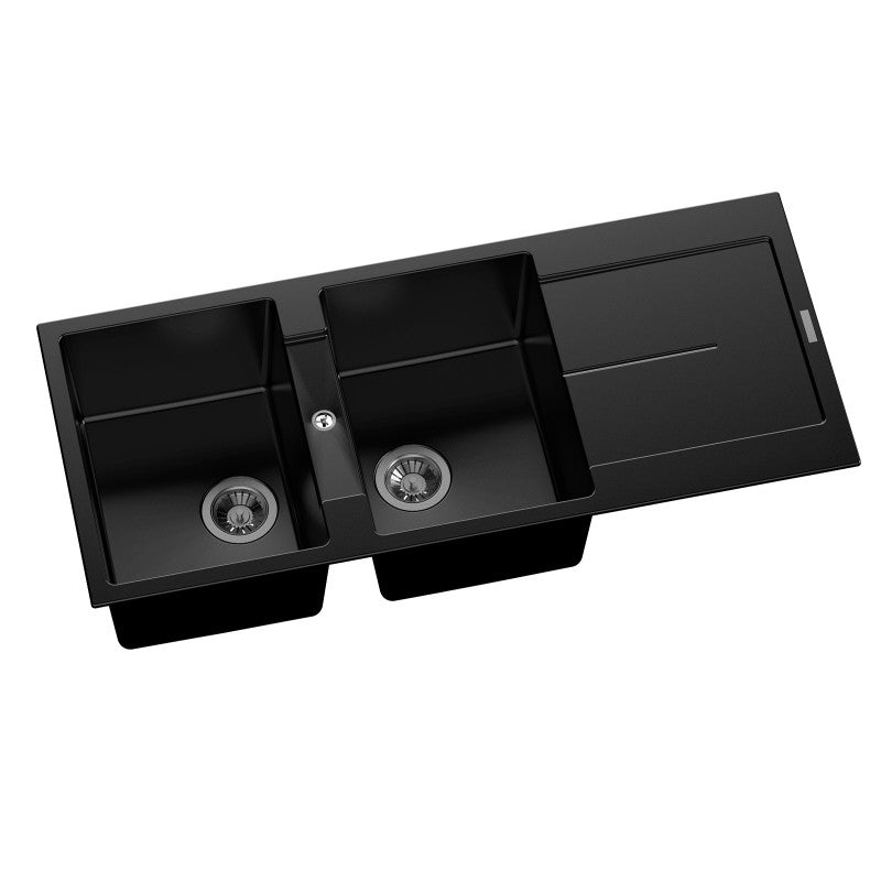 1160x500mm Metallic Black Double Bowl Kitchen Sink Reversible Topmount with Overflow