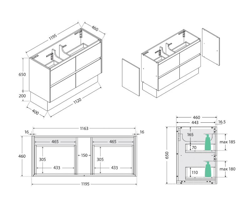 Sarah Crystal Pure Undermount 1200 Amato Satin White Vanity on Kick