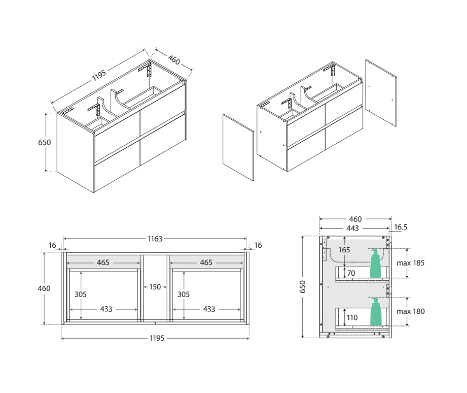 Sarah Crystal Pure Undermount 1200 Amato Satin White Wall-Hung Vanity