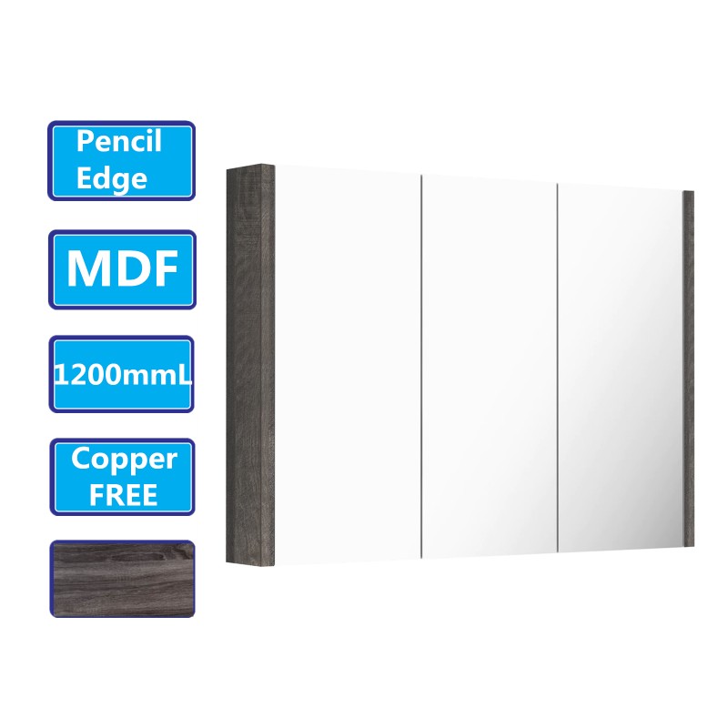 1200Lx720Hx150Dmm Dark Grey Wood Grain PVC Filmed Shaving Cabinet Copper Free