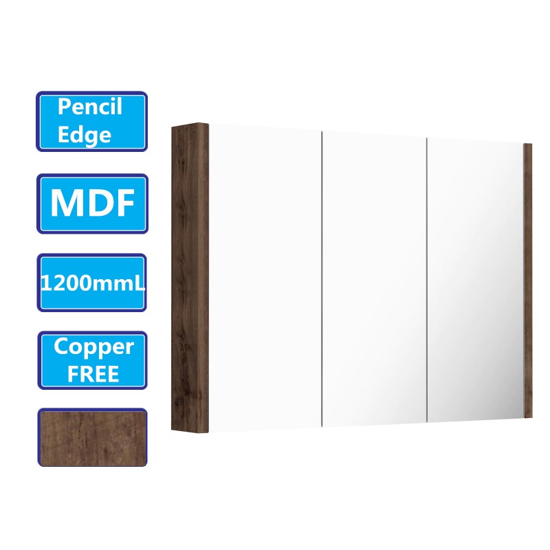 1200Lx720Hx150Dmm Dark Oak Wood Grain PVC Filmed Shaving Cabinet With Mirror Wall Hung