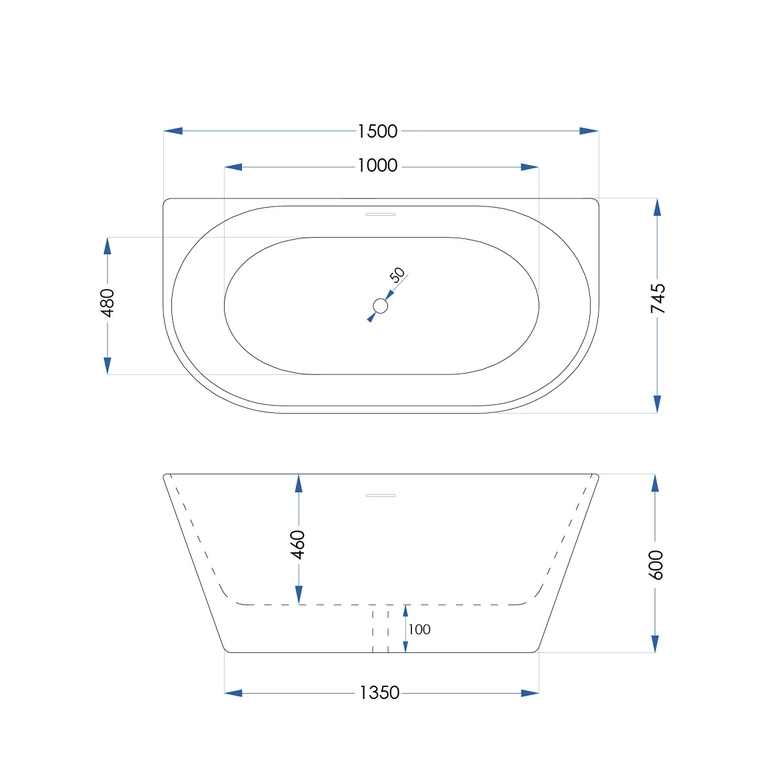 1500mm Ovia Back to Wall Bath Tub