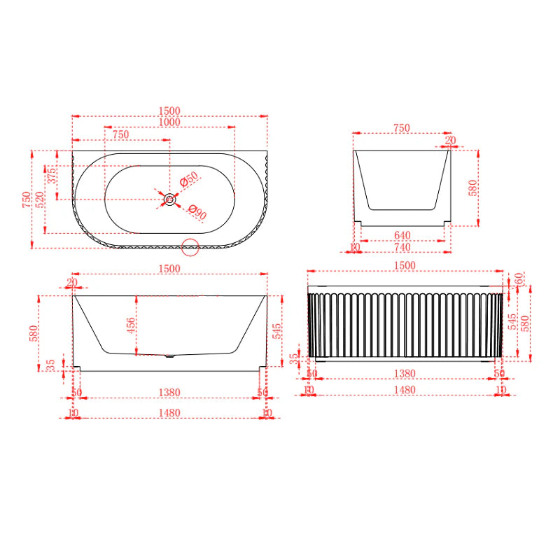 Ovia Artemis Fluted 1500mm Matte White Back to Wall Designer Round Freestanding Bath