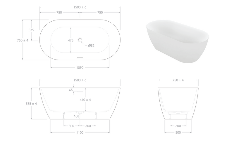 Ovia Madison Egg Freestanding Bath - 1500mm Gloss White