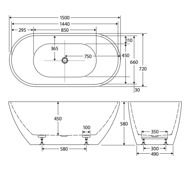 1500mm Freestanding Bathtub Vienna Egg Acrylic Matte White PREMIUM
