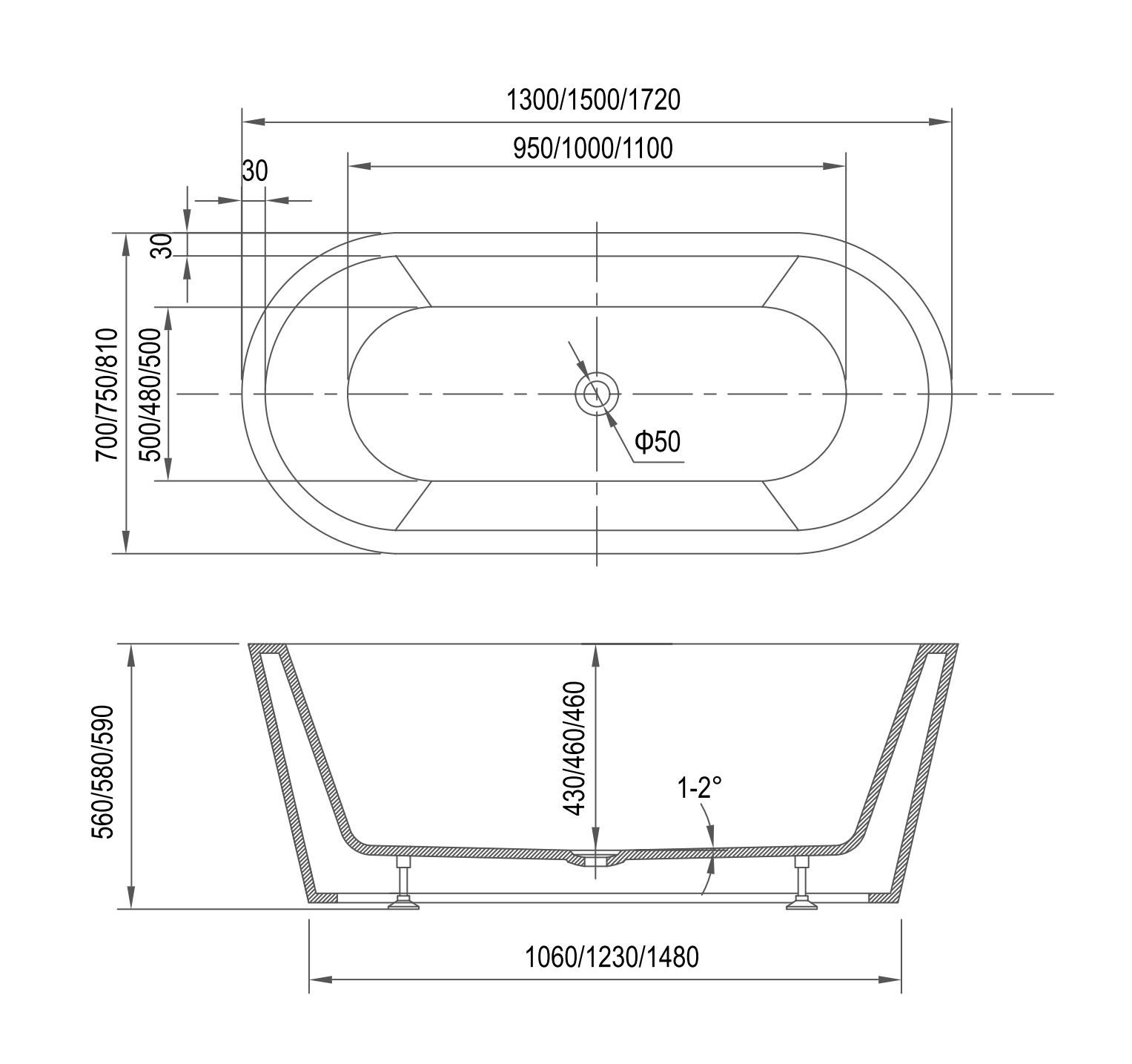 1500mm Ovia Milan Oval Free Standing Bath Tub Gloss White