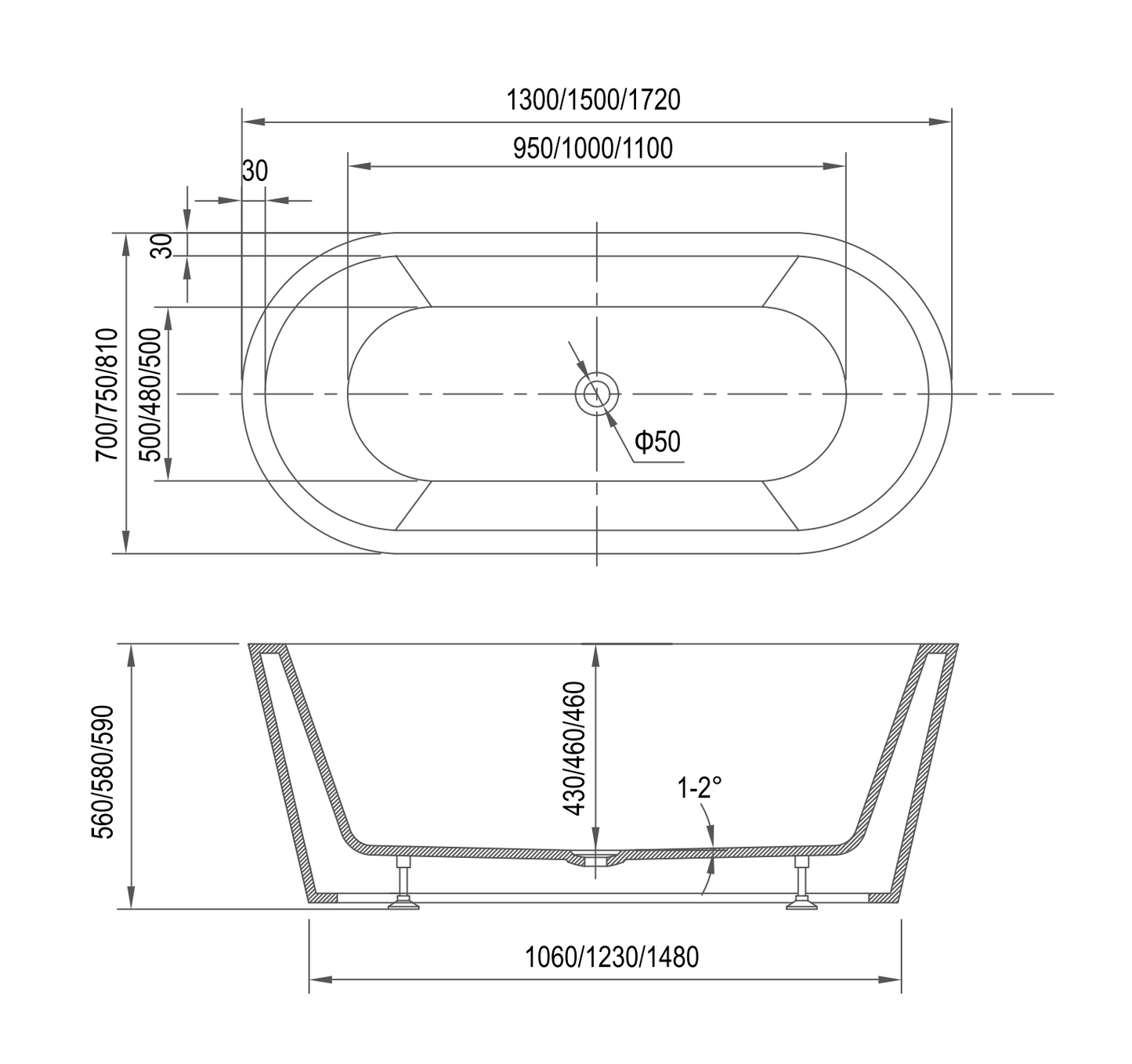 1500mm Ovia Milan Oval Free Standing Bath Tub Gloss White