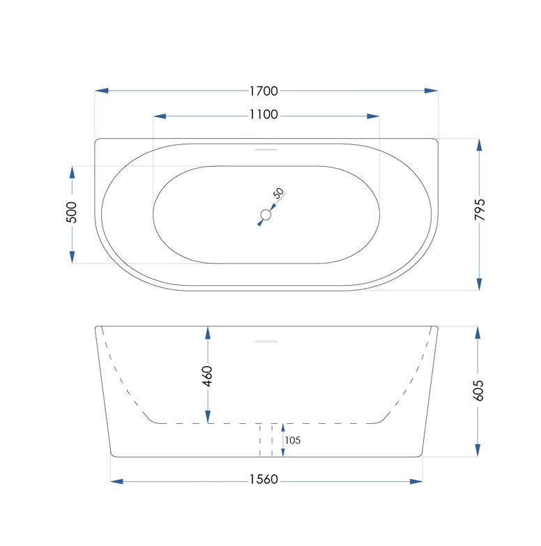 1700mm Ovia Back to Wall Bath Tub Gloss White