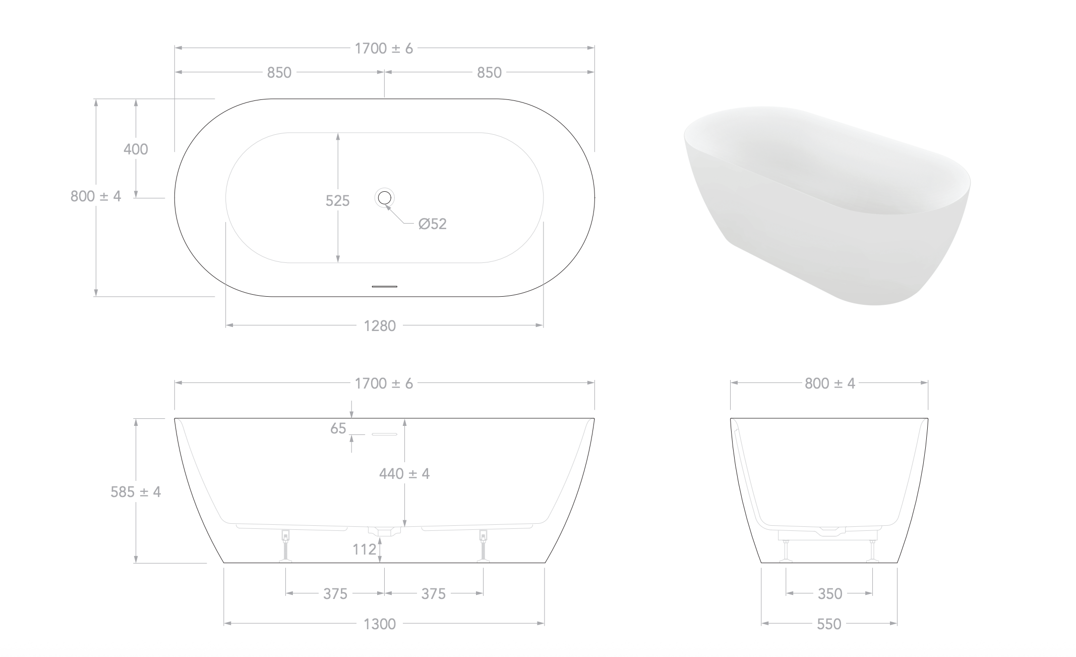 Ovia Madison Egg Freestanding Bath - 1700mm Gloss White