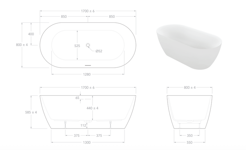 Ovia Madison Egg Freestanding Bath - 1700mm Gloss White