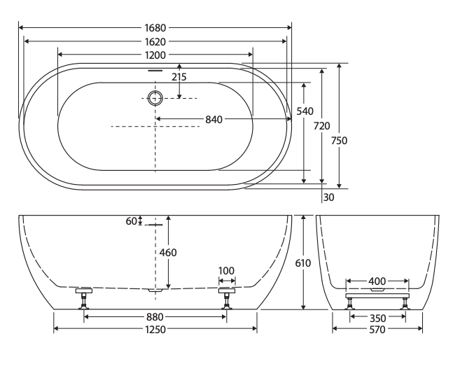 1680mm Freestanding Bathtub Vienna Egg Acrylic Matte White PREMIUM