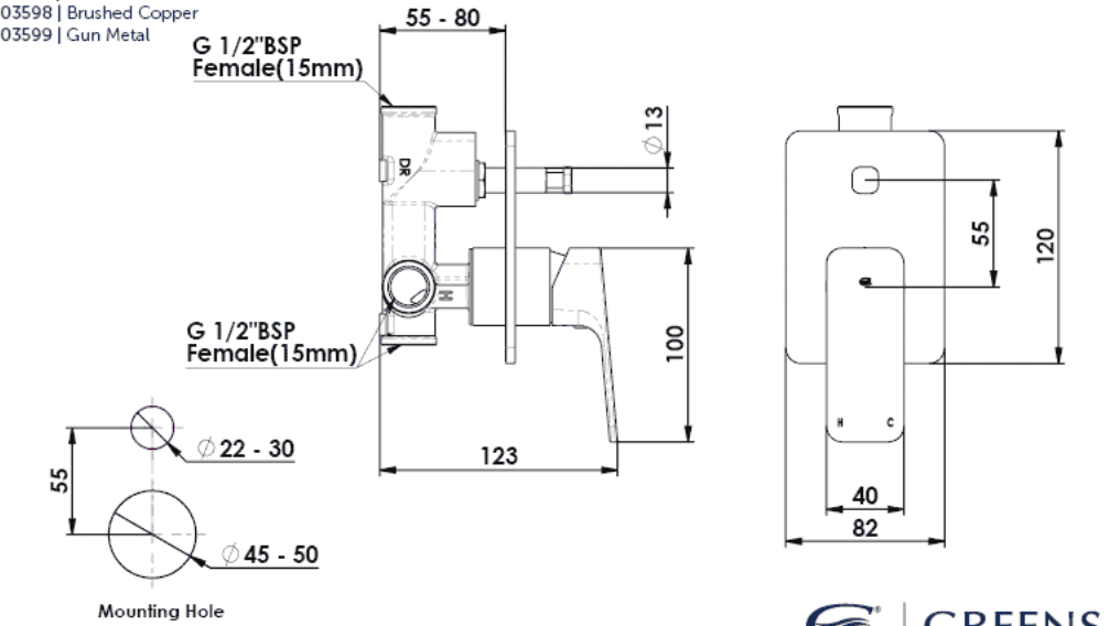 Greens Swept Shower/Bath Diverter Mixer Matte Black