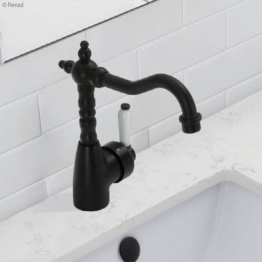 Fienza Eleanor Shepherds Crook Basin Mixer - Matte Black/Ceramic