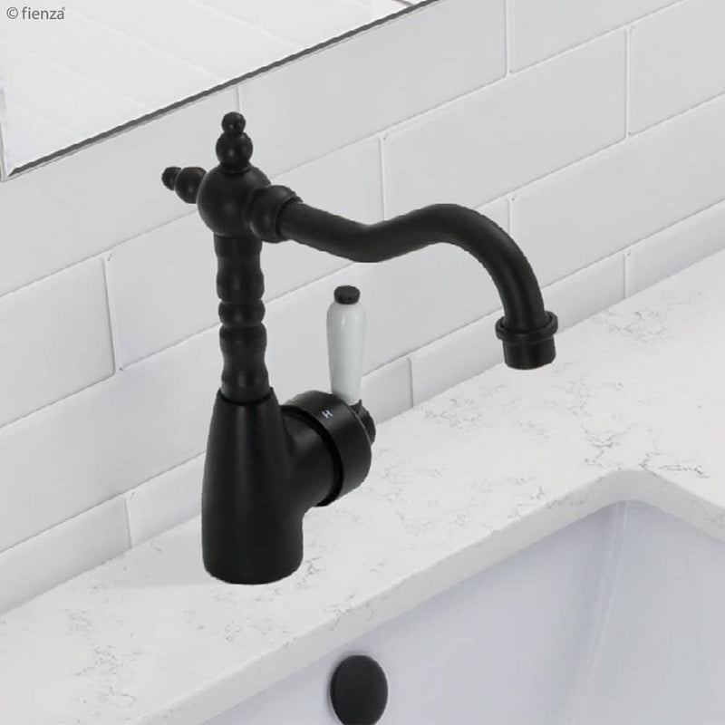 Fienza Eleanor Shepherds Crook Basin Mixer - Matte Black/Ceramic