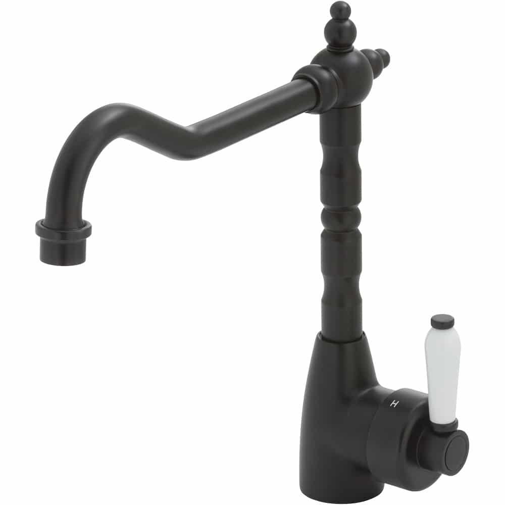 Fienza Eleanor Shepherds Crook Sink Mixer - Matte Black/Ceramic