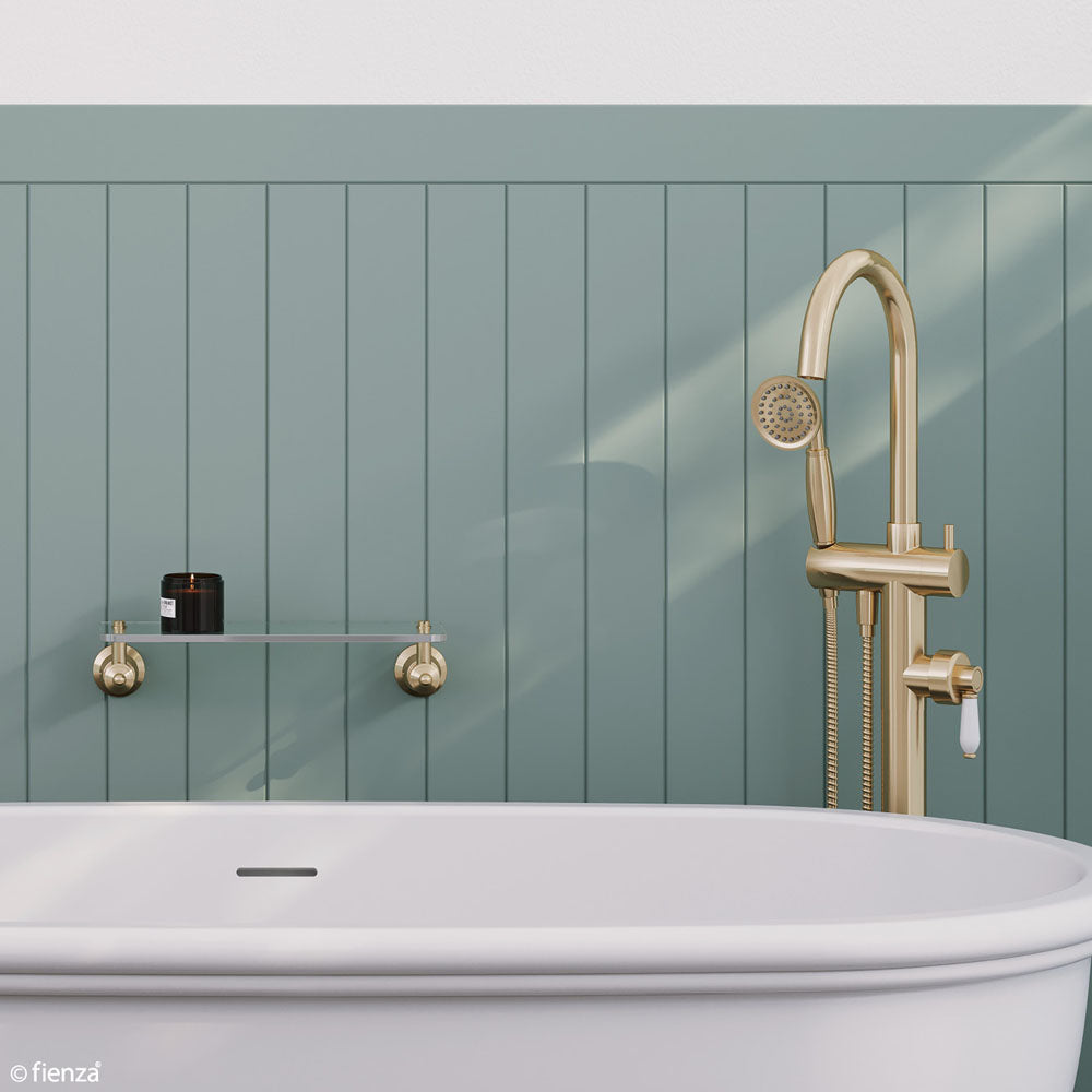 Fienza Eleanor floor-mounted bath mixer and hand shower in a styled bathroom