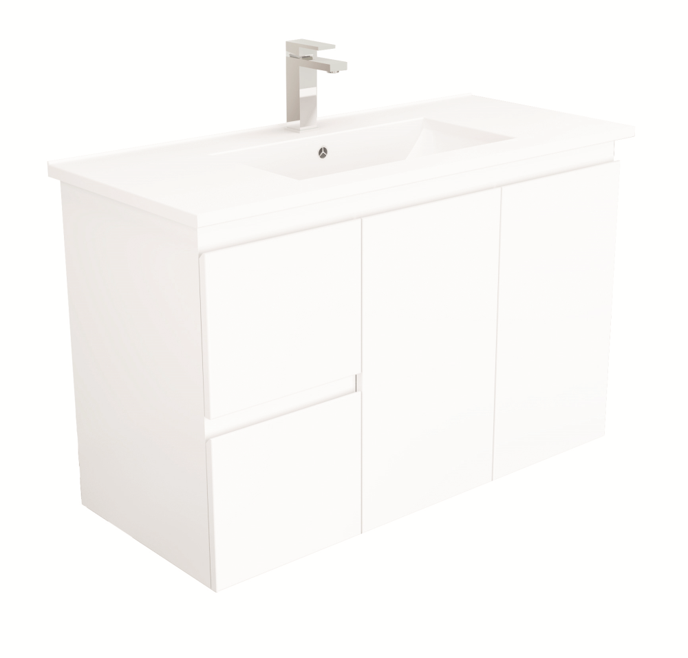 BIANCA 90cm Wall Hung Vanity Cabinet - Left Drawers with Ceramic Top