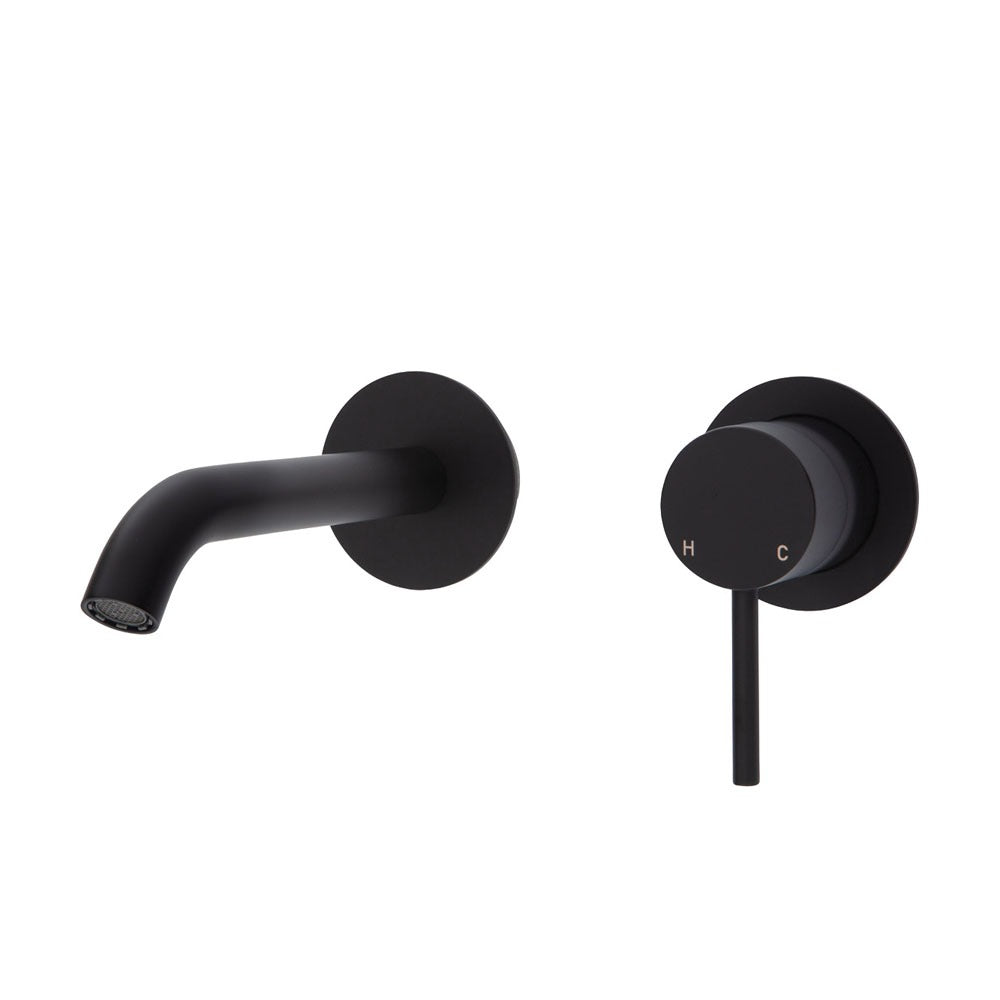 Fienza KAYA Wall Basin Bath Mixer Set Matte Black Round Plates 200mm Outlet