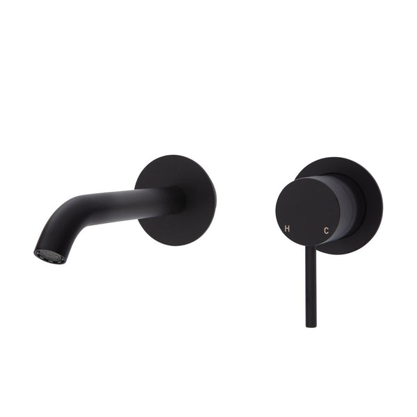 Fienza KAYA Wall Basin Bath Mixer Set Matte Black Round Plates 200mm Outlet