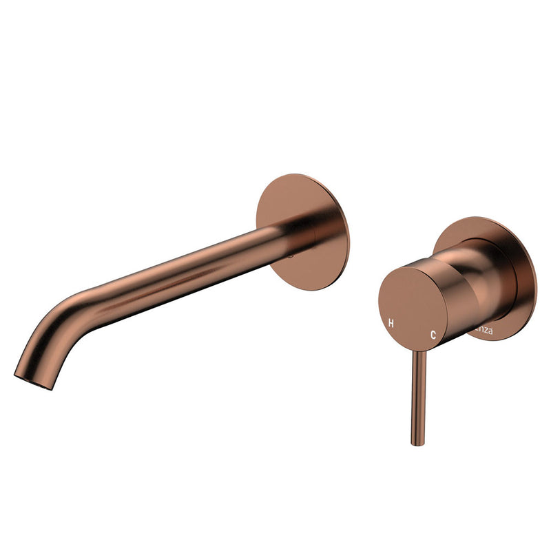 Fienza Kaya Basin/Bath Wall Mixer Set, Round Plates, 200mm Outlet, Brushed Copper