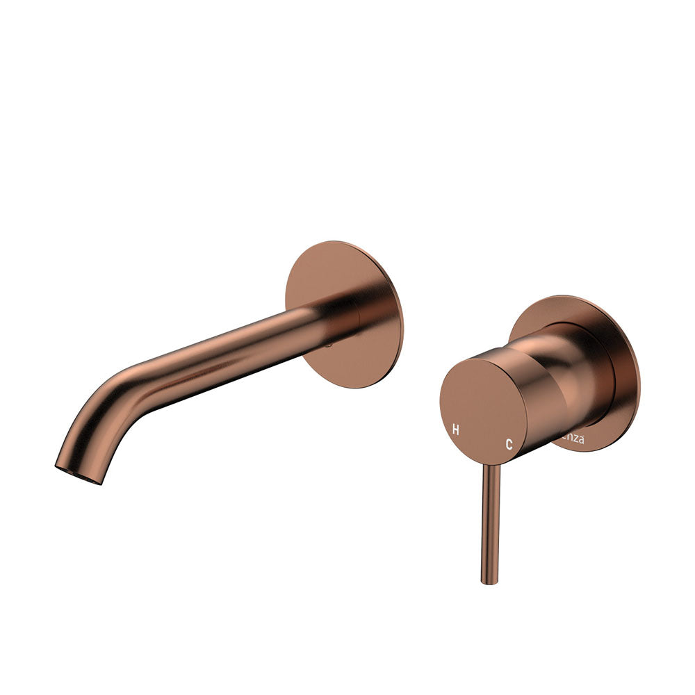 Fienza Kaya Basin/Bath Wall Mixer Set, Round Plates, 160mm Outlet, Brushed Copper