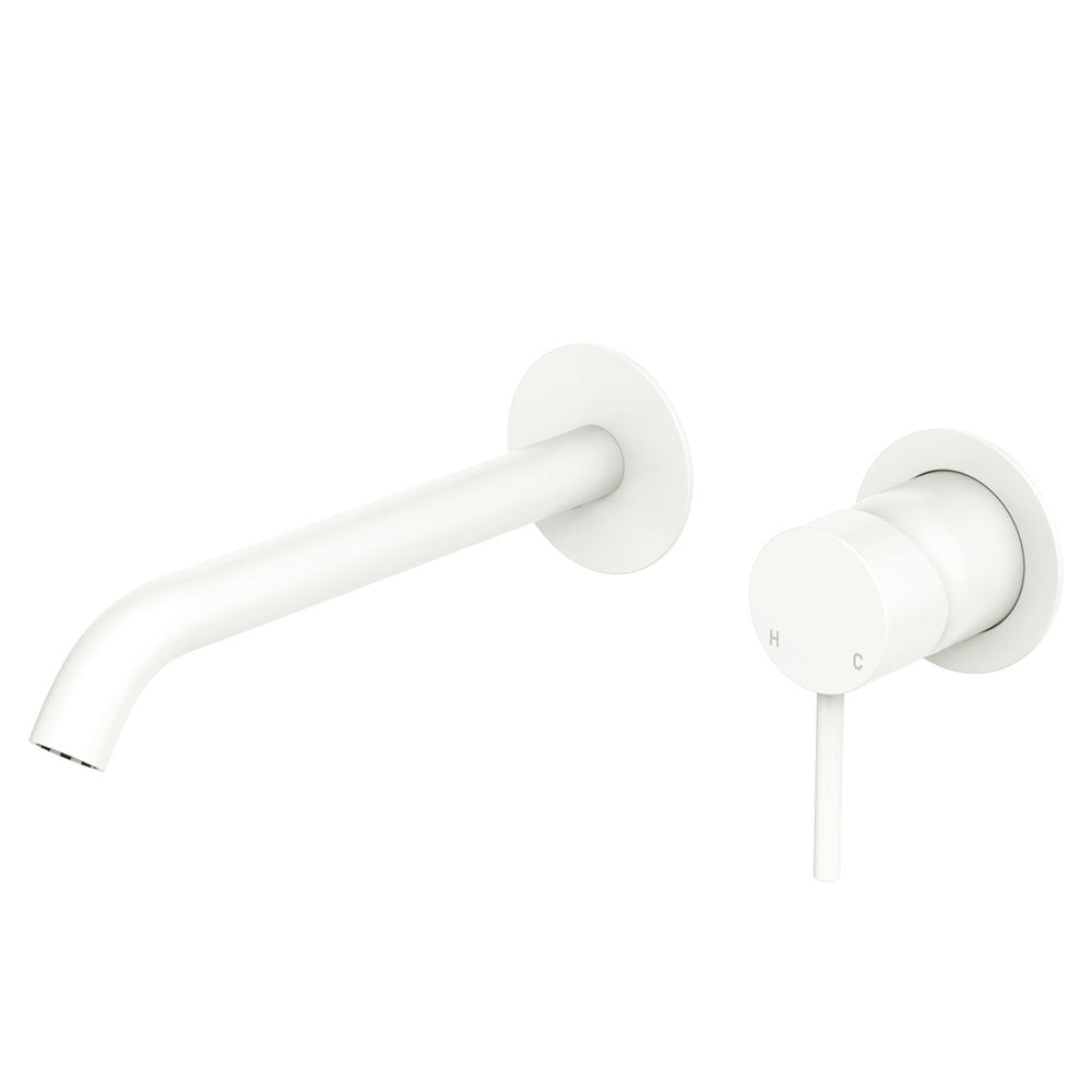 Fienza Kaya Basin/Bath Wall Mixer Set, Round Plates, 200mm Outlet, Matte White