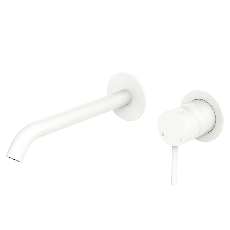 Fienza Kaya Basin/Bath Wall Mixer Set, Round Plates, 200mm Outlet, Matte White