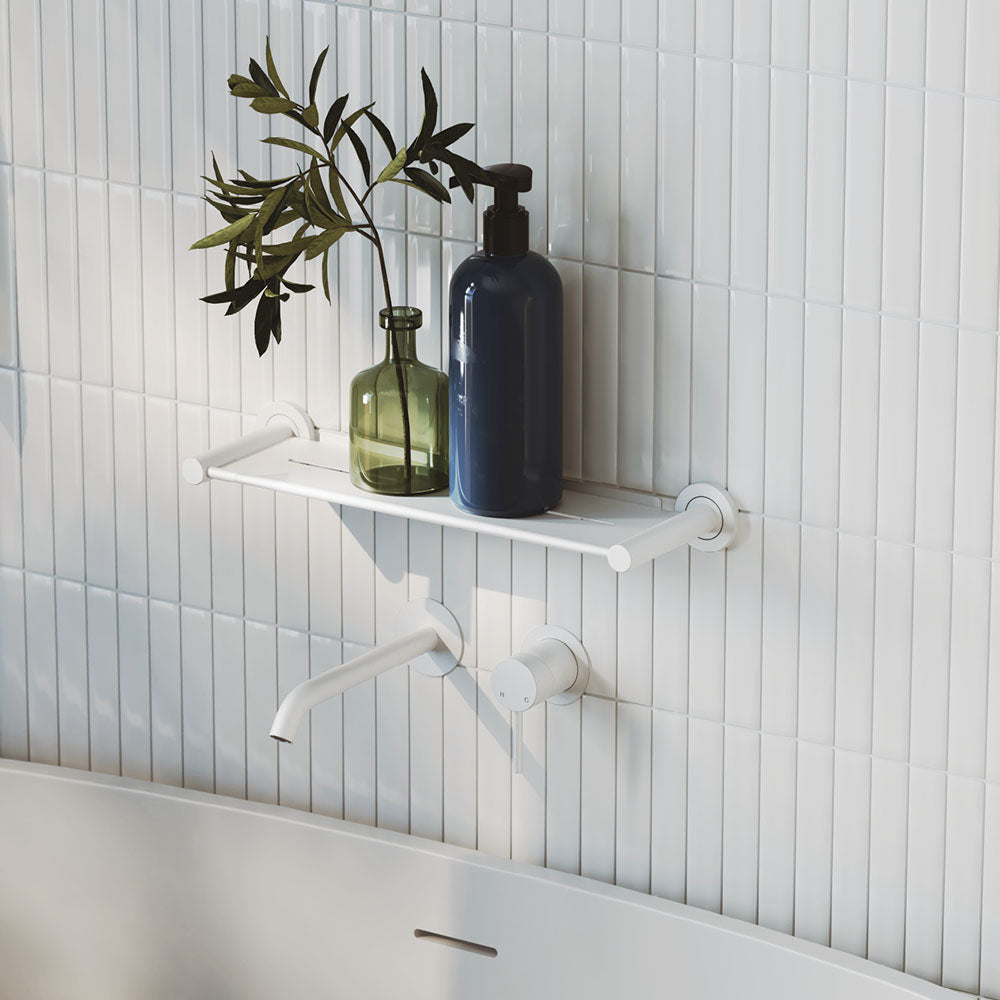 Fienza Kaya Basin/Bath Wall Mixer Set, Round Plates, 200mm Outlet, Matte White