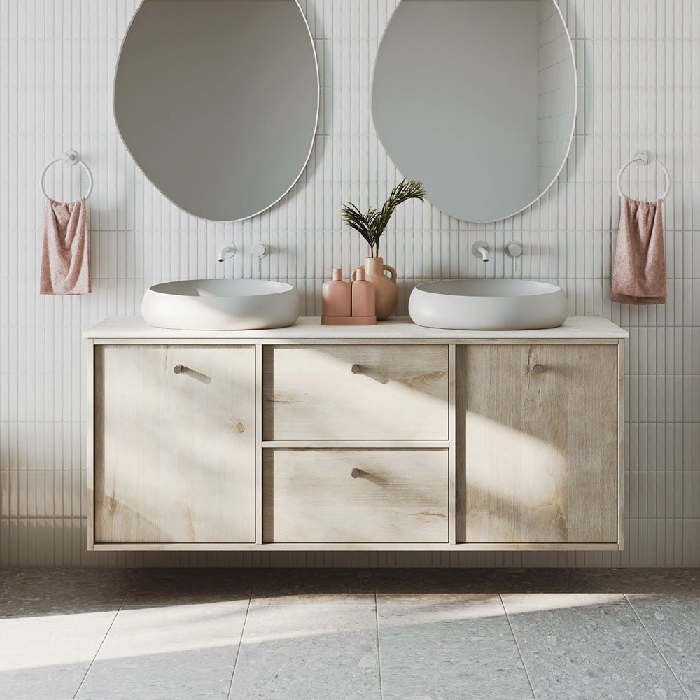 Fienza Kaya Basin/Bath Wall Mixer Set, Round Plates, 200mm Outlet, Matte White