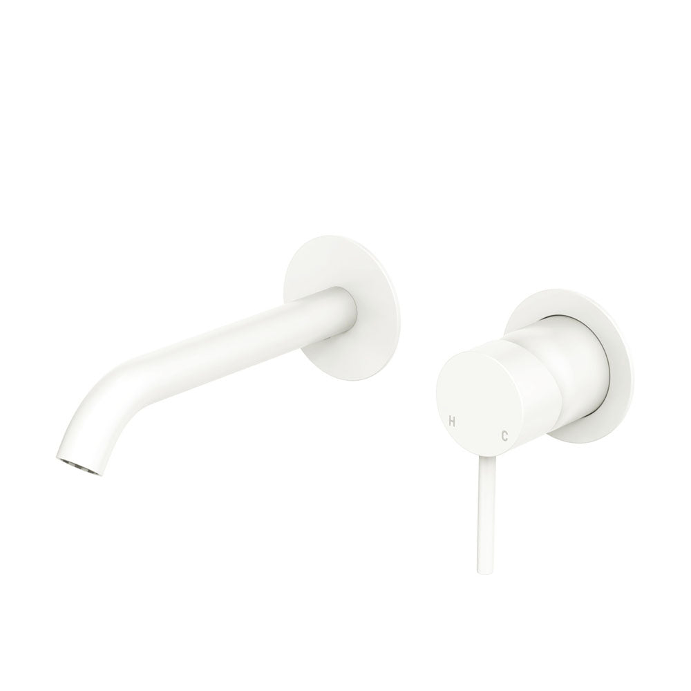 Fienza Kaya Basin/Bath Wall Mixer Set, Round Plates, 160mm Outlet, Matte White