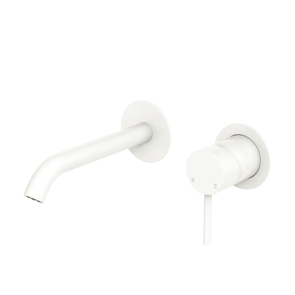 Fienza Kaya Basin/Bath Wall Mixer Set, Round Plates, 160mm Outlet, Matte White