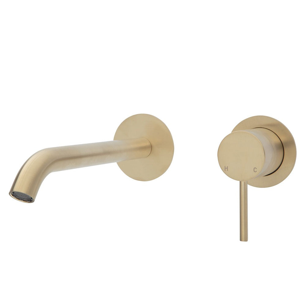 Fienza KAYA Wall Basin Bath Mixer Set Urban Brass Round Plate 160mm Outlet